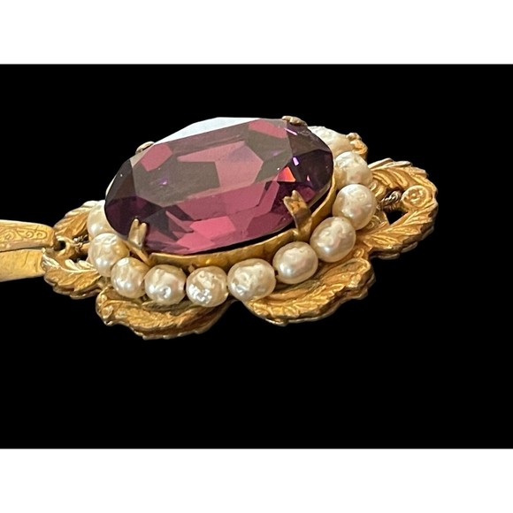 Rare Antique Signed Miriam Haskell Necklace Estate Amethyst Pearl Pendant Chain - Picture 9 of 16